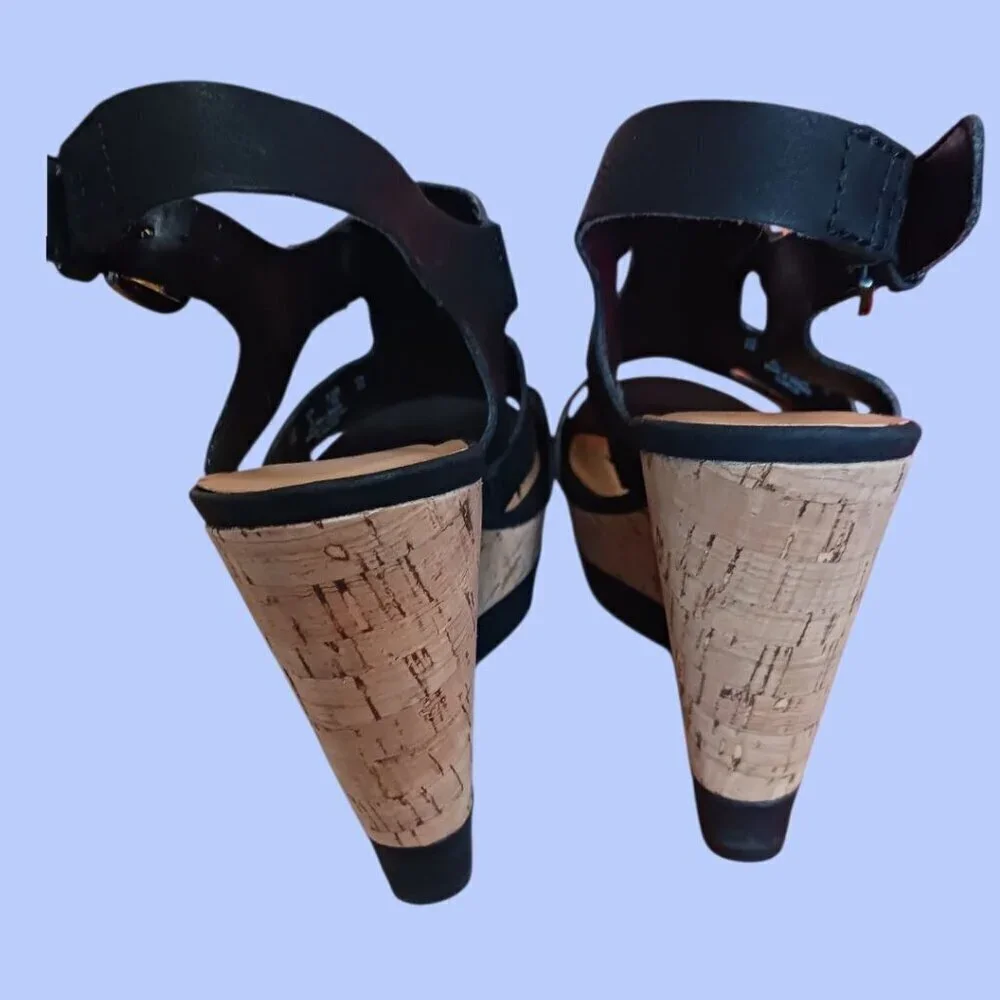 Franco Sarto Black Wedge Sandals Open Toe Cork Wedge Size 8M